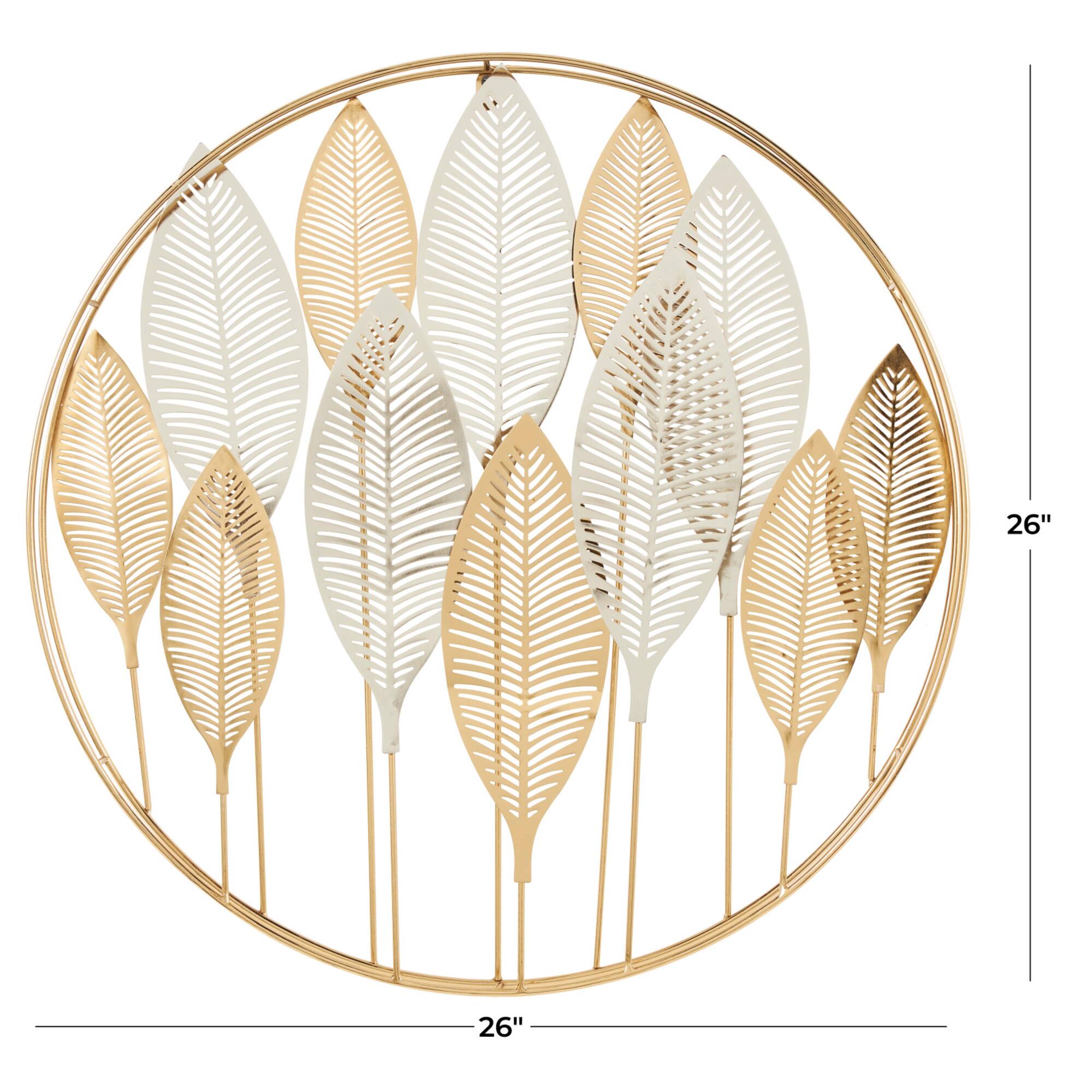 Gold Metal Leaf Wall Décor with Circular Frame and Silver Accents